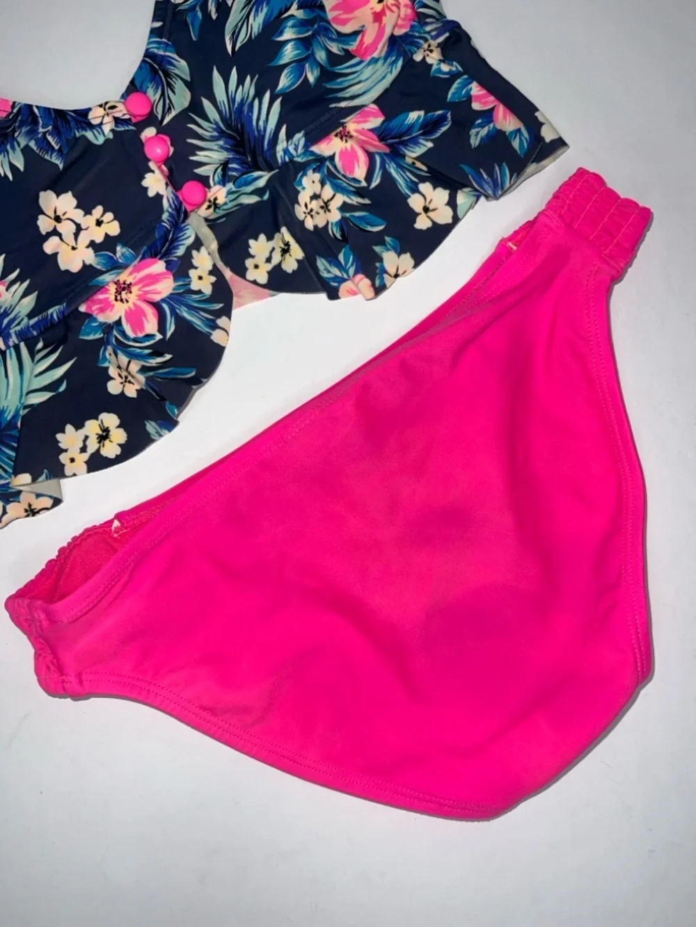 Arizona Jean Navy Floral Top with Hot Pink Bottoms Girls Swim Set size small